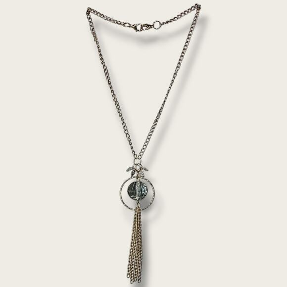Estate Jewelry - Vintage Gold Tone Crystal Glass Tassel Pendant Necklace 24"‎